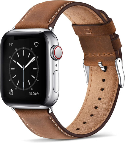 SUNFWR Leather Bands Compatible with Apple Watch Band 41mm 40mm 38mm for Men Women, Top Grain Genuine Leather Replacement Strap for iWatch Ultra SE2 SE Series 8 7 6 5 4 3 2 1 (Red Brown/Silver)