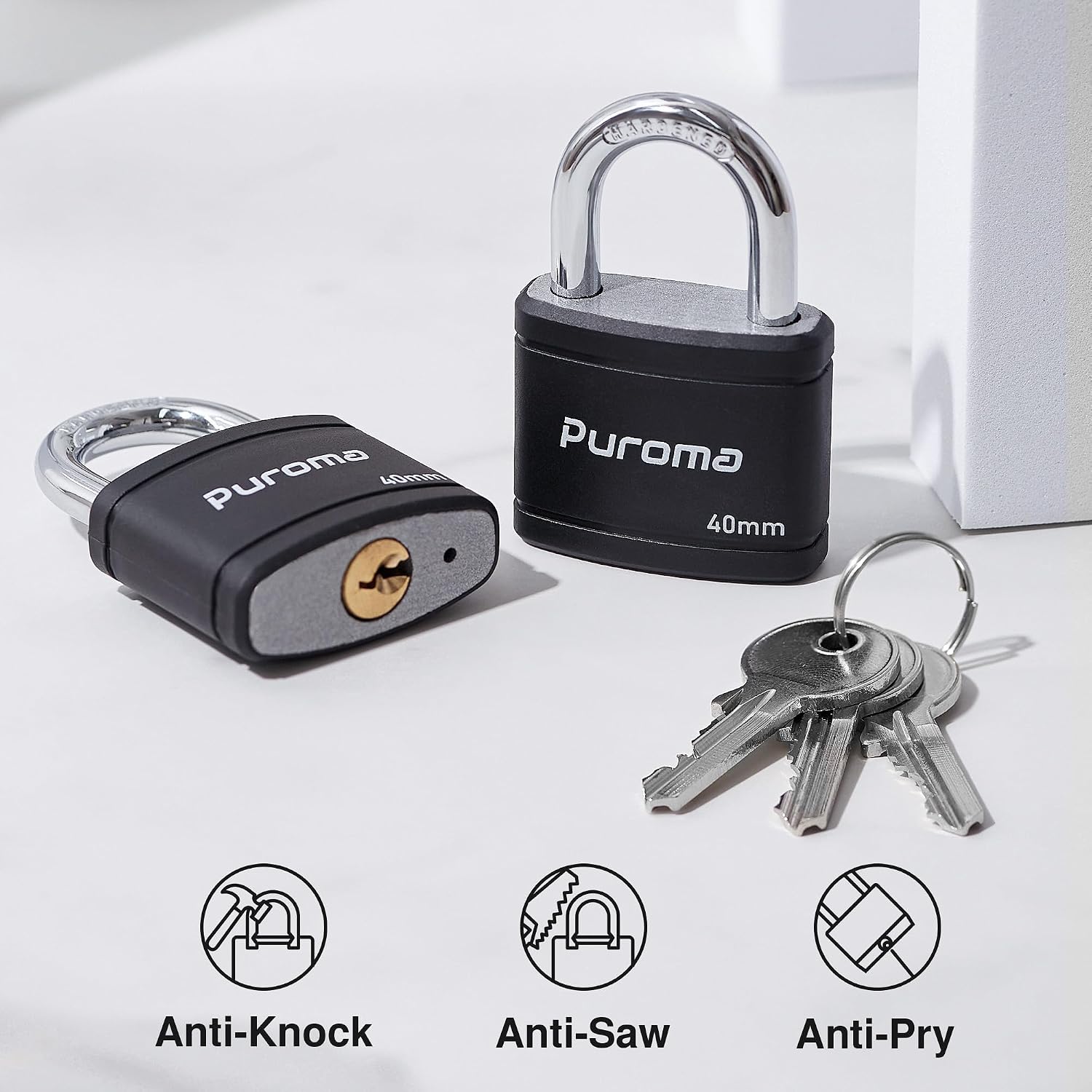 Puroma 2 Keyed Padlock with 3 Keys 7/8" School Locker Lock Gate 40mm Black