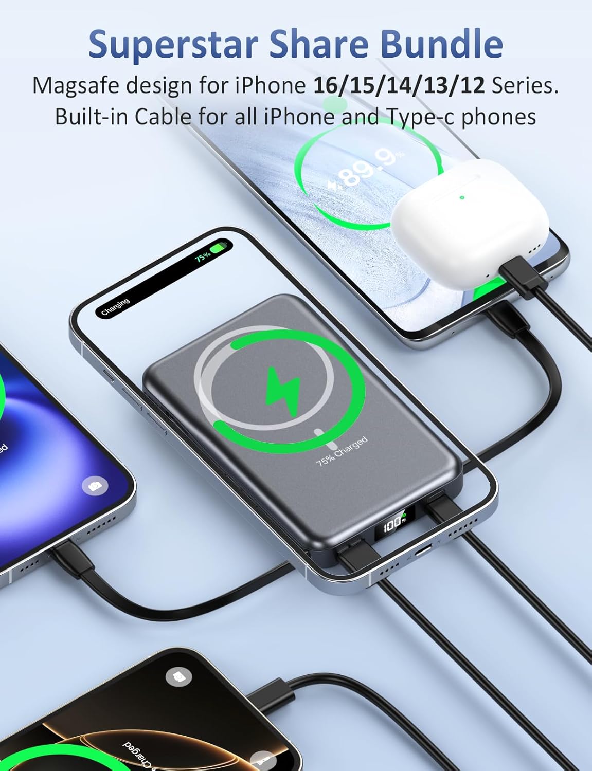 Magnetic Portable Charger 10000mAh, 20W Power Bank with Built in Cable