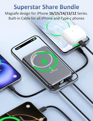 Magnetic Portable Charger 10000mAh, 20W Power Bank with Built in Cable