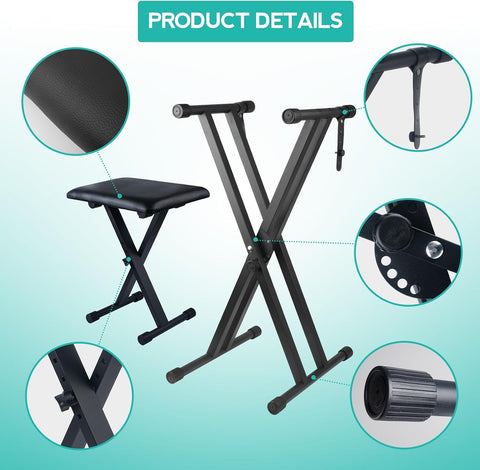 Keyboard Stand Piano Bench Set, Double X Adjustable Keyboard Stand Piano Stand with Lockable Straps, (Piano Keyboard Stand x 1, Piano Bench x 1), (7 Adjustable Heights), Black