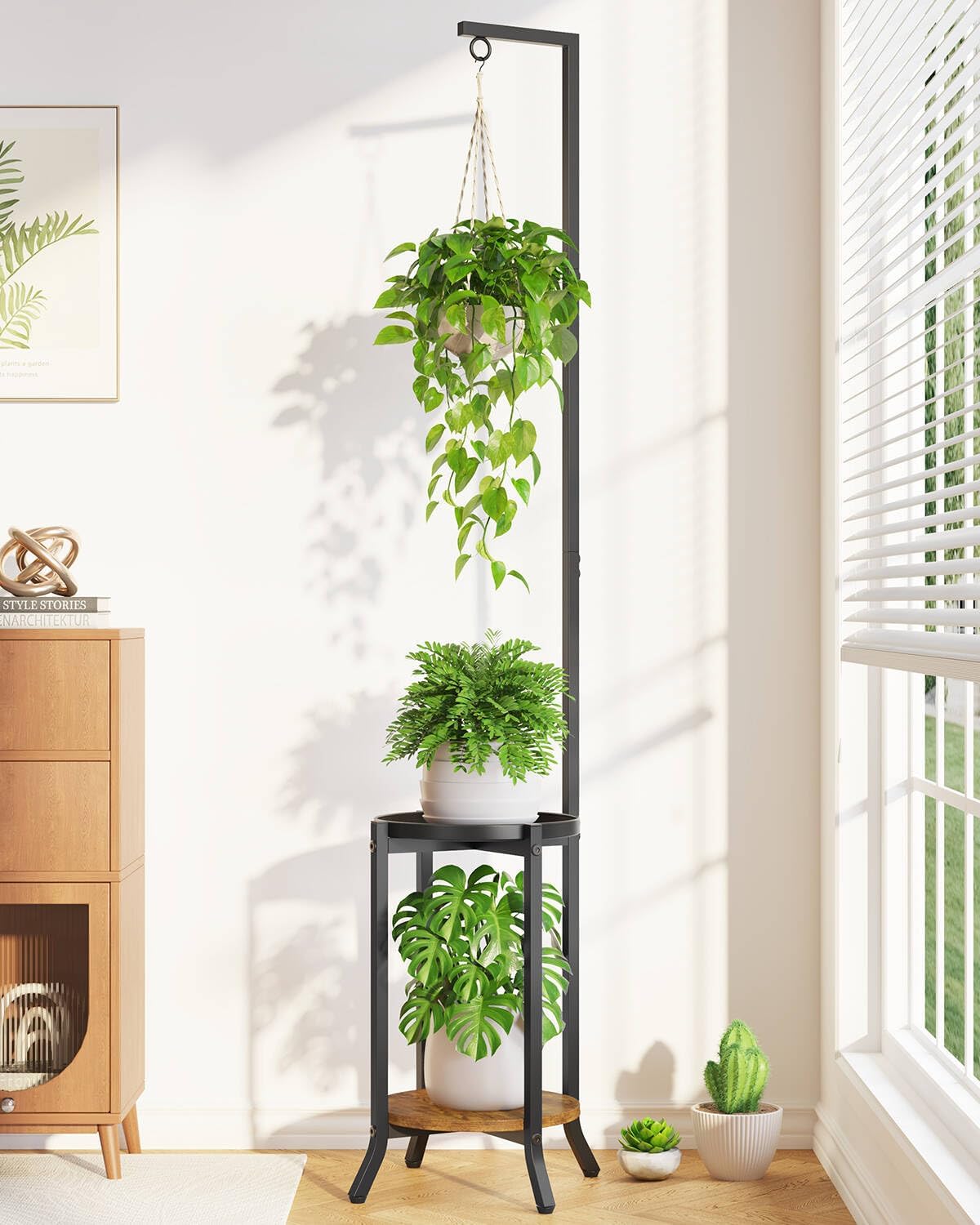 LASZOLA Hanging Plant Stand Holder Indoor Outdoor Tall, 2 Tier Black