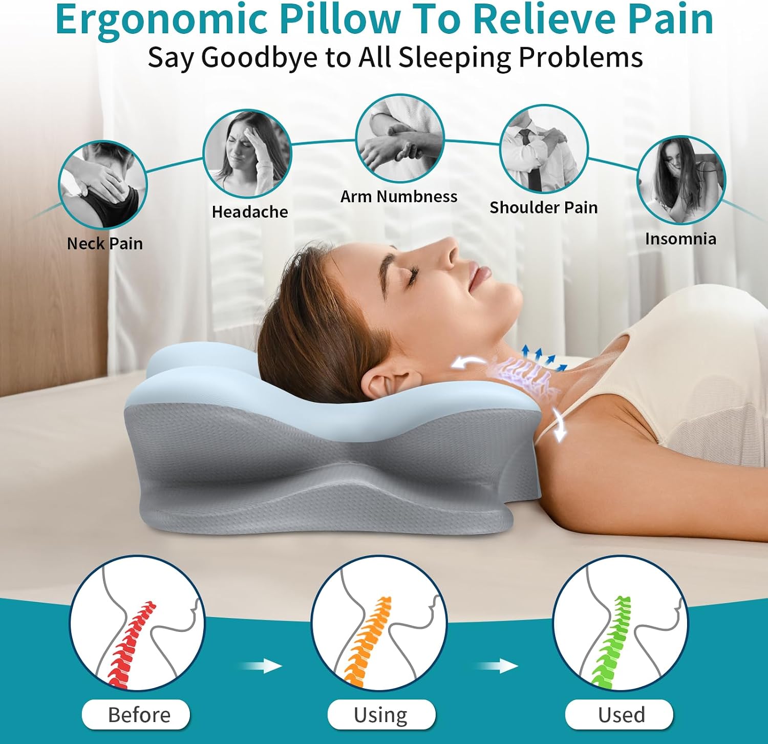 Cervical Neck Pillow for Pain Relief - Ergonomic Pillow for Neck Support, Contour Memory Foam Pillows for Sleeping, Orthopedic Bed Pillow for Side Back Stomach Sleepers(Blue)