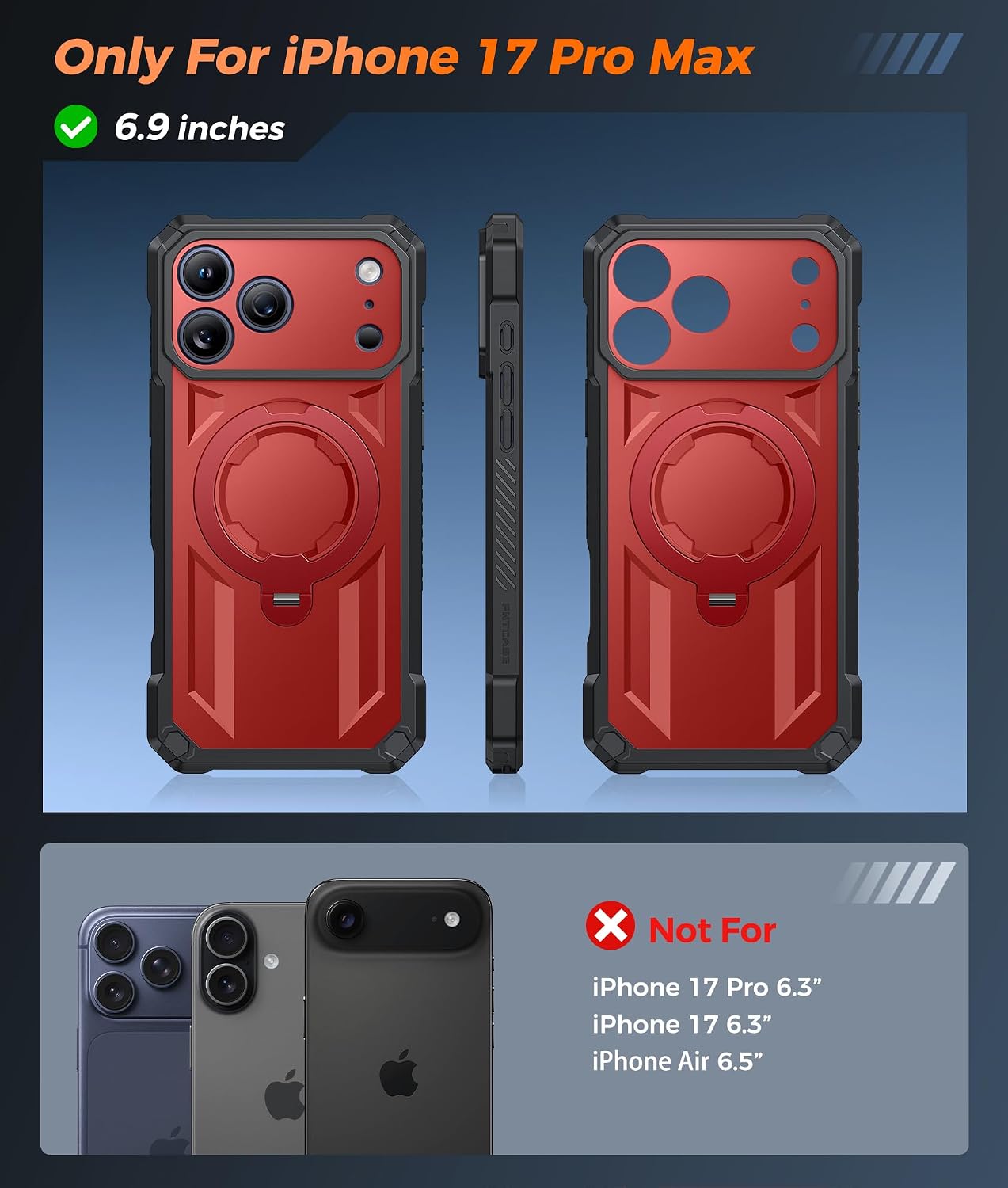 FNTCASE for iPhone 17 Pro Max Case with 360 Spin Magnetic Kickstand Red