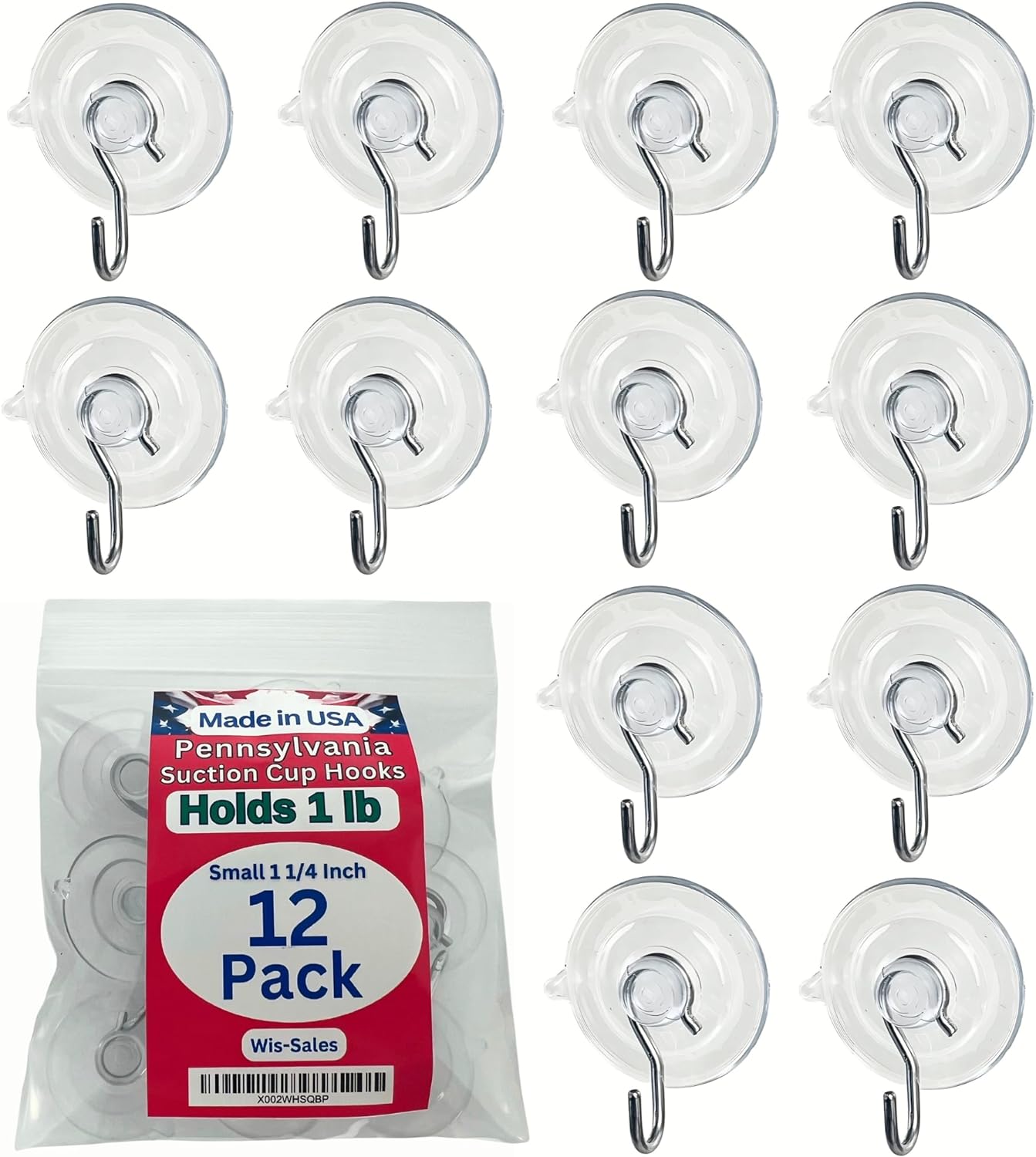12 Pak Small 1 ¼ -inch (Made in Pennsylvania) Heavy Duty Suction Cup Hooks for Glass Windows. Signs Holiday Ornaments Suncatchers-(Holds 1 Pound)