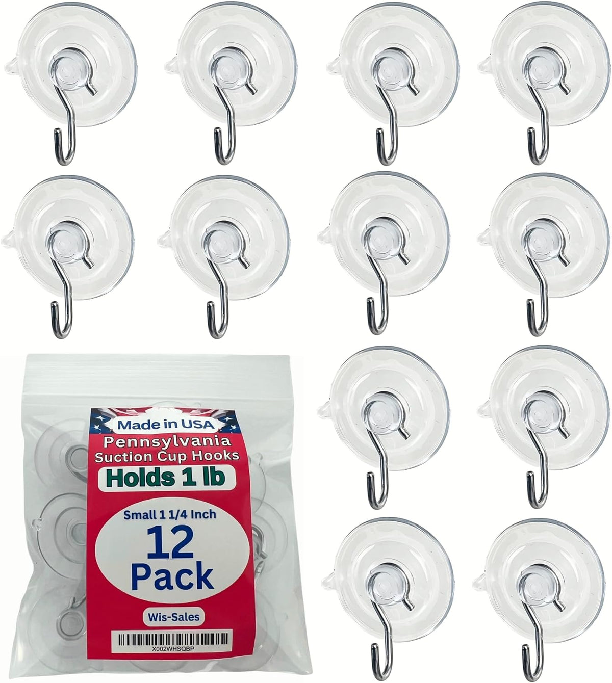 12 Pak Small 1 ¼ -inch (Made in Pennsylvania) Heavy Duty Suction Cup Hooks for Glass Windows. Signs Holiday Ornaments Suncatchers-(Holds 1 Pound)