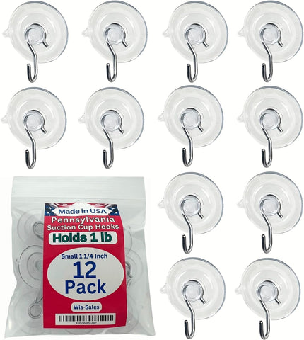 12 Pak Small 1 ¼ -inch (Made in Pennsylvania) Heavy Duty Suction Cup Hooks for Glass Windows. Signs Holiday Ornaments Suncatchers-(Holds 1 Pound)