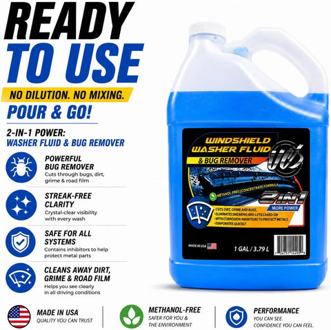 UCS Windshield Washer Fluid 2-in-1 Bug Remover – Ready to Use Formula – Streak-Free Cleaning – Removes Dirt & Road Grime – 1 Gallon (128 fl oz) Methanol-Free