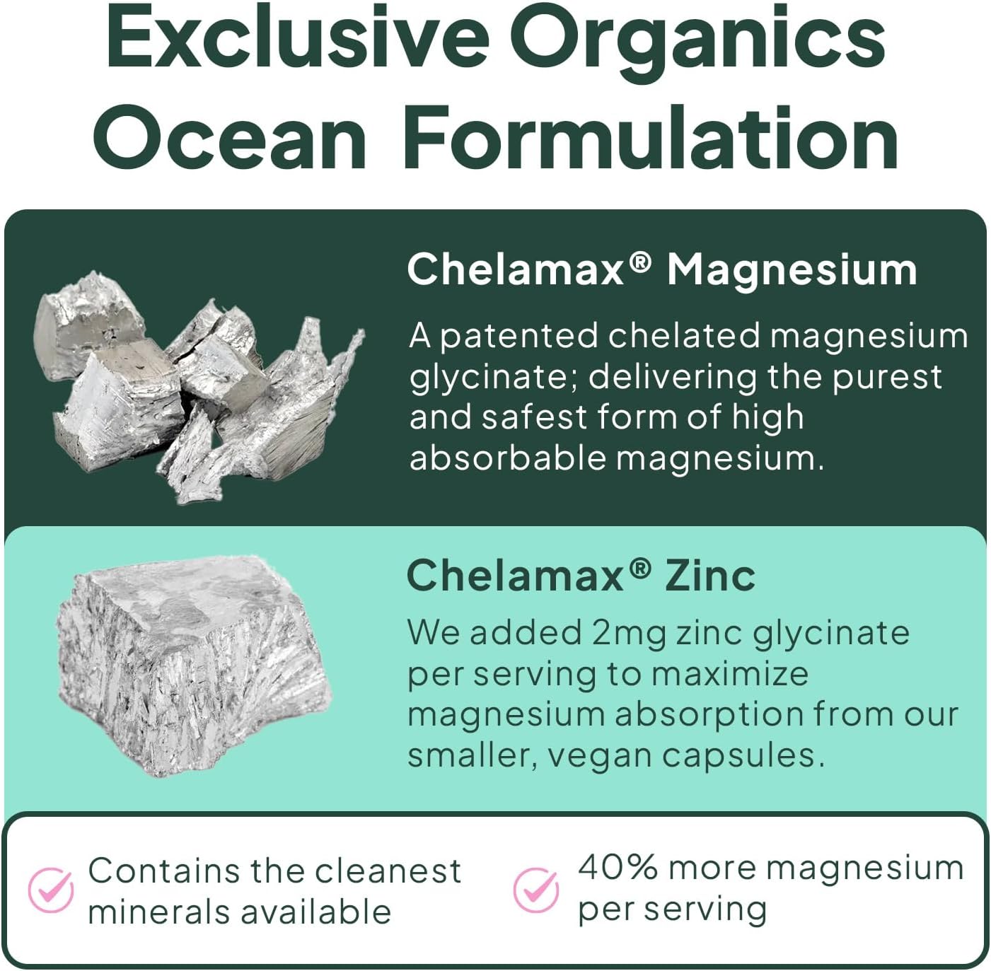 Organics Ocean Pure Magnesium Glycinate with Zinc - Maximum Strength Chelated Magnesium Supplement for Women and Men for Muscle Cramps and Sleep Support - 90 Capsule