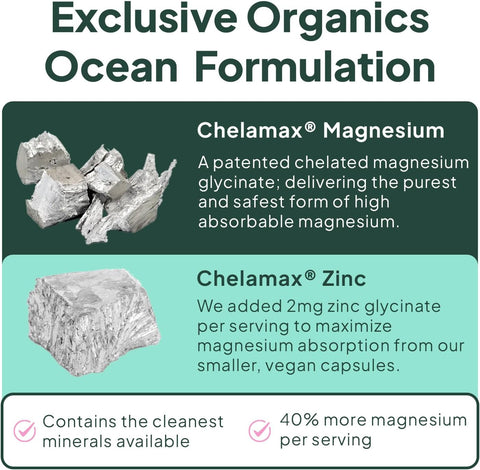 Organics Ocean Pure Magnesium Glycinate with Zinc - Maximum Strength Chelated Magnesium Supplement for Women and Men for Muscle Cramps and Sleep Support - 90 Capsule
