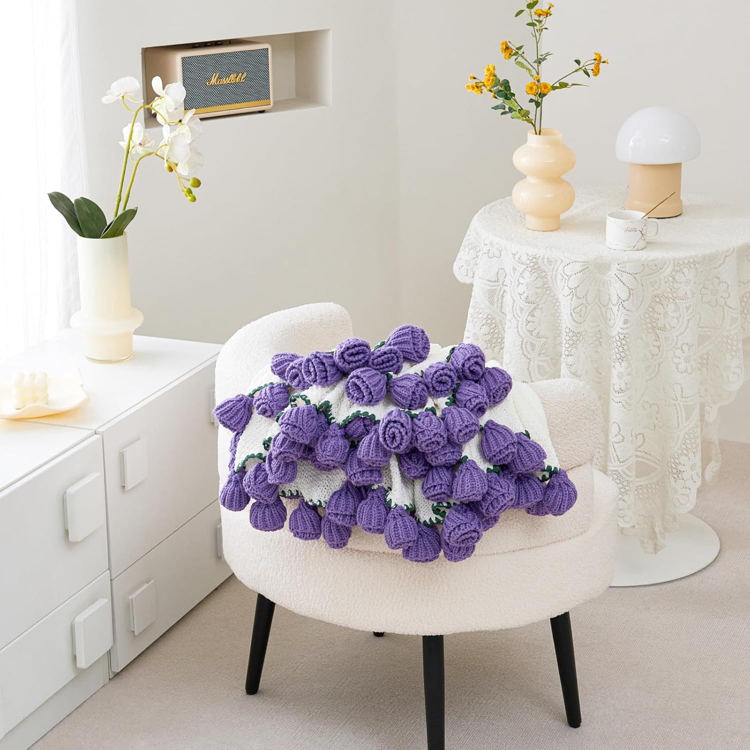 Crochet Flower Bouquet Throw Blanket, Handmade Knitted Blanket with Tulip, Cute Romantic Gift for Her Girlfriend Mom Mother’s Day Valentine Wedding Anniversary Birthday, Purple 40 Inches