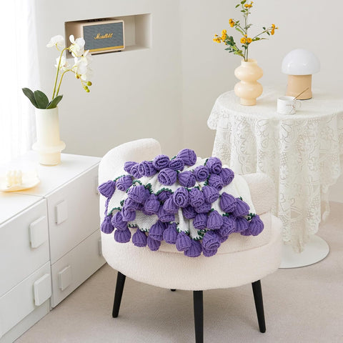 Crochet Flower Bouquet Throw Blanket, Handmade Knitted Blanket with Tulip, Cute Romantic Gift for Her Girlfriend Mom Mother’s Day Valentine Wedding Anniversary Birthday, Purple 40 Inches