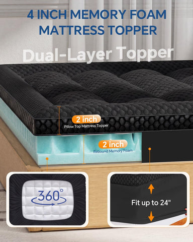 BEDELITE Twin XL Memory Foam Mattress Topper Dual Layer (Black)