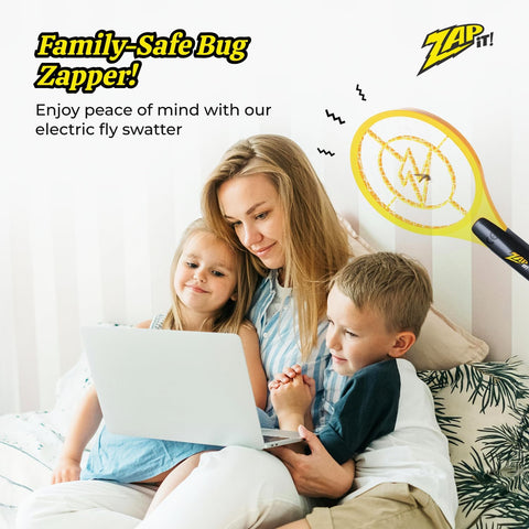 ZAP IT! Battery Powered Fly Swatter Racket - 3,500-Volt Mosquito Zapper with 2 AA Batteries Included and LED Light -Medium- Safe 3-Layer Mesh, Dark Yellow, Bug Zapper Racquet for Indoors and Outdoors