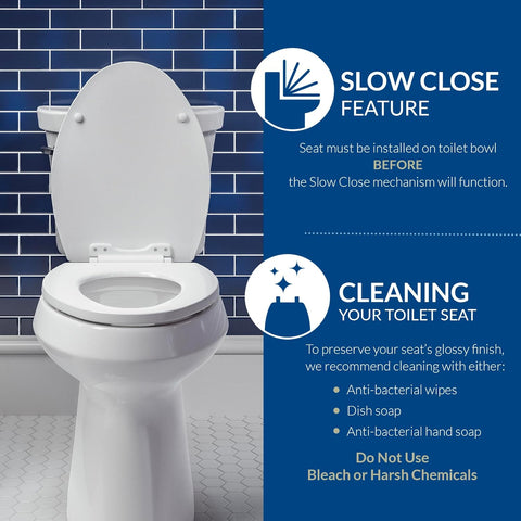 Mayfair Cassel slow close toilet seat, easy clean non-slip premium wood seat, install, made in USA, elongated, white