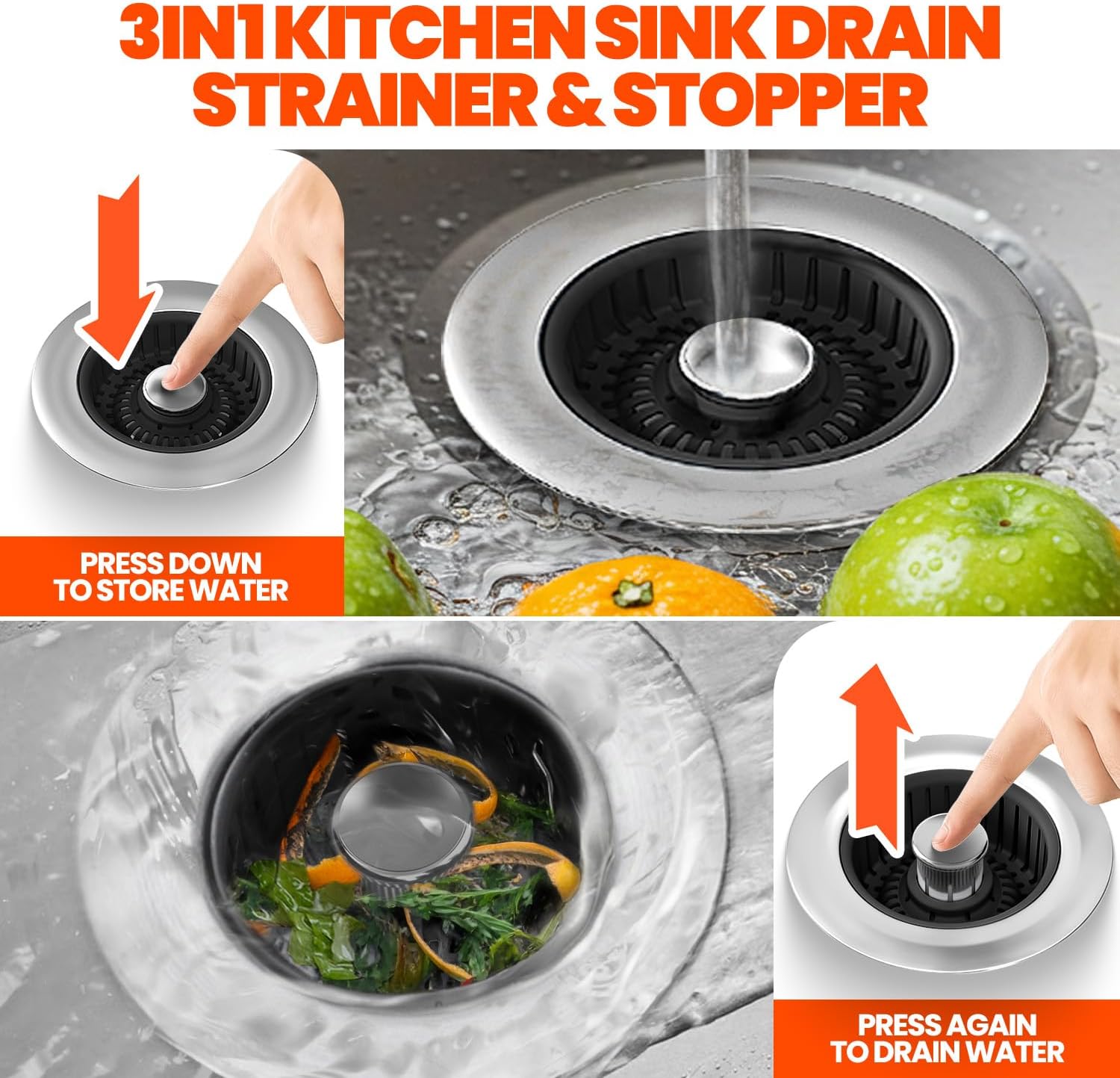 3 in 1 Kitchen Sink Drain Strainer and Stopper Black 1 Pack