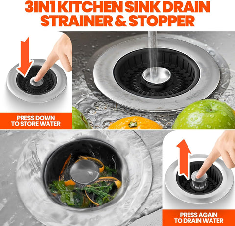 3 in 1 Kitchen Sink Drain Strainer and Stopper Black 1 Pack