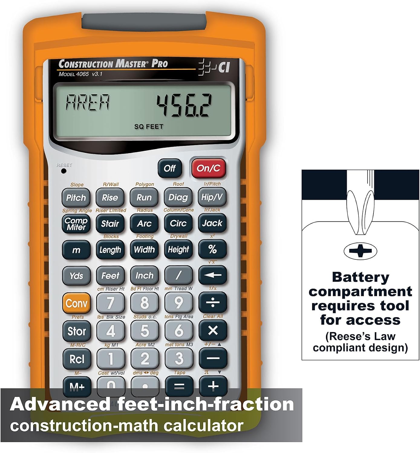 Calculated Industries 4065 Construction Master Pro Advanced Construction Math Feet-inch-Fraction Calculator for Contractors, Estimators, Builders, Framers, Remodelers, Renovators and Carpenters