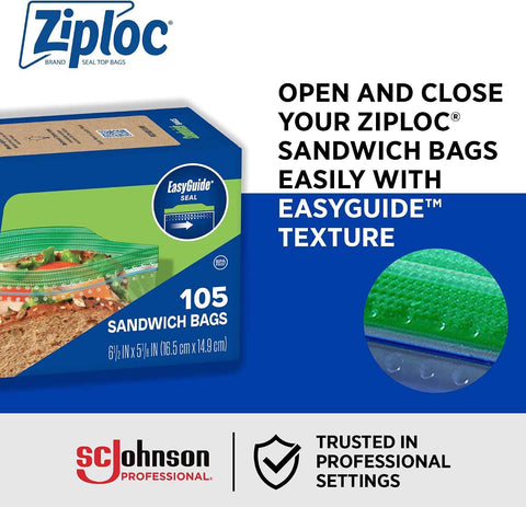 Ziploc Sandwich and Snack Bags, Easy Open and Close, Plastic Food Storage Bags, 105 Bags Total (Packaging May Vary), Pack of 12
