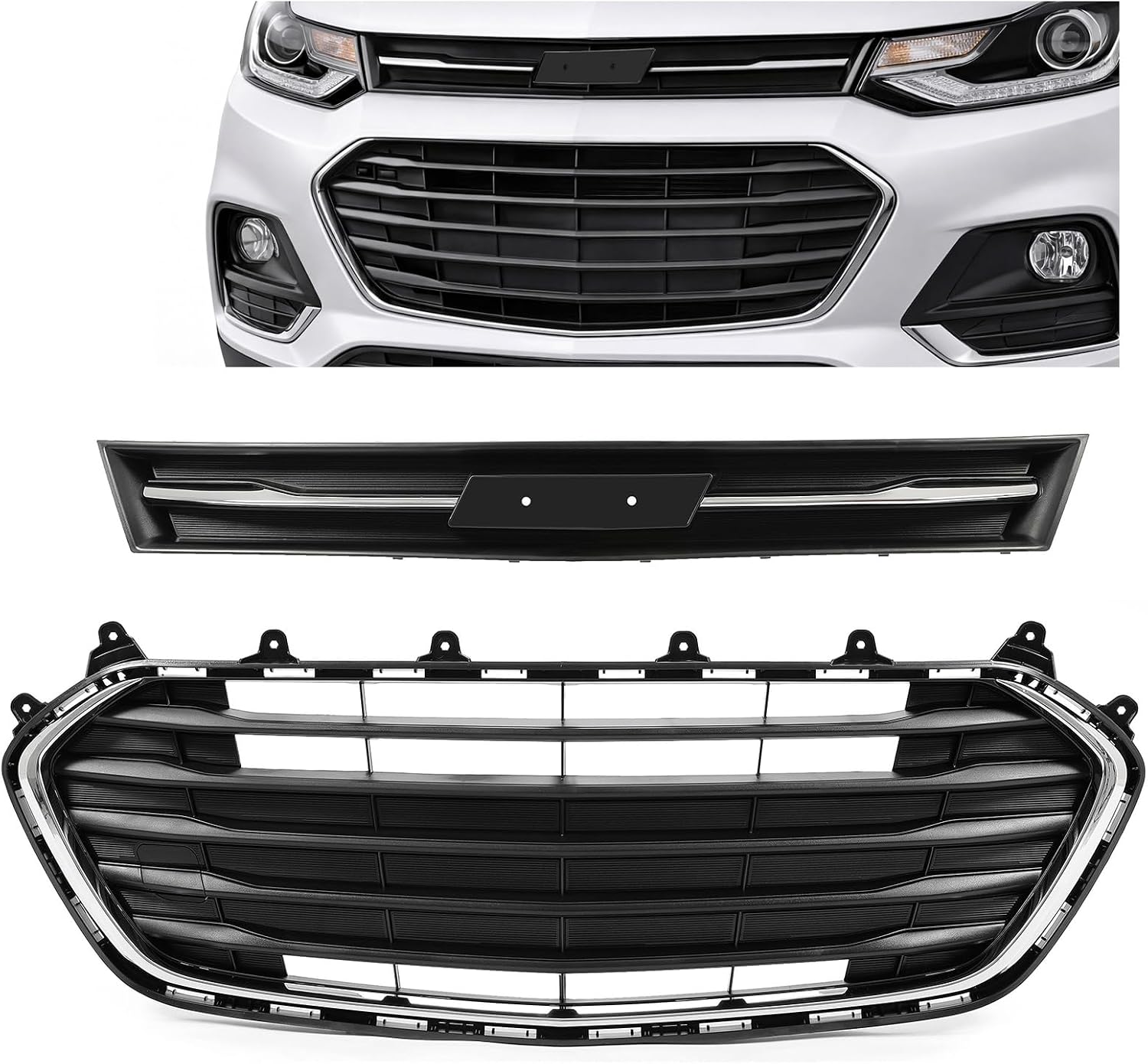 ALMULOO Grille Assembly Compatible with 2017-2021 Chevy Chevrolet Trax Replacement for GM1036196 GM1200754 Front Bumper Upper & Lower Grill Chrome Plastic(ABS) Black+Silvery