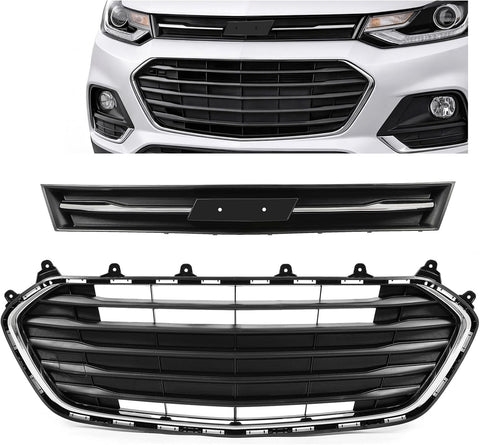 ALMULOO Grille Assembly Compatible with 2017-2021 Chevy Chevrolet Trax Replacement for GM1036196 GM1200754 Front Bumper Upper & Lower Grill Chrome Plastic(ABS) Black+Silvery