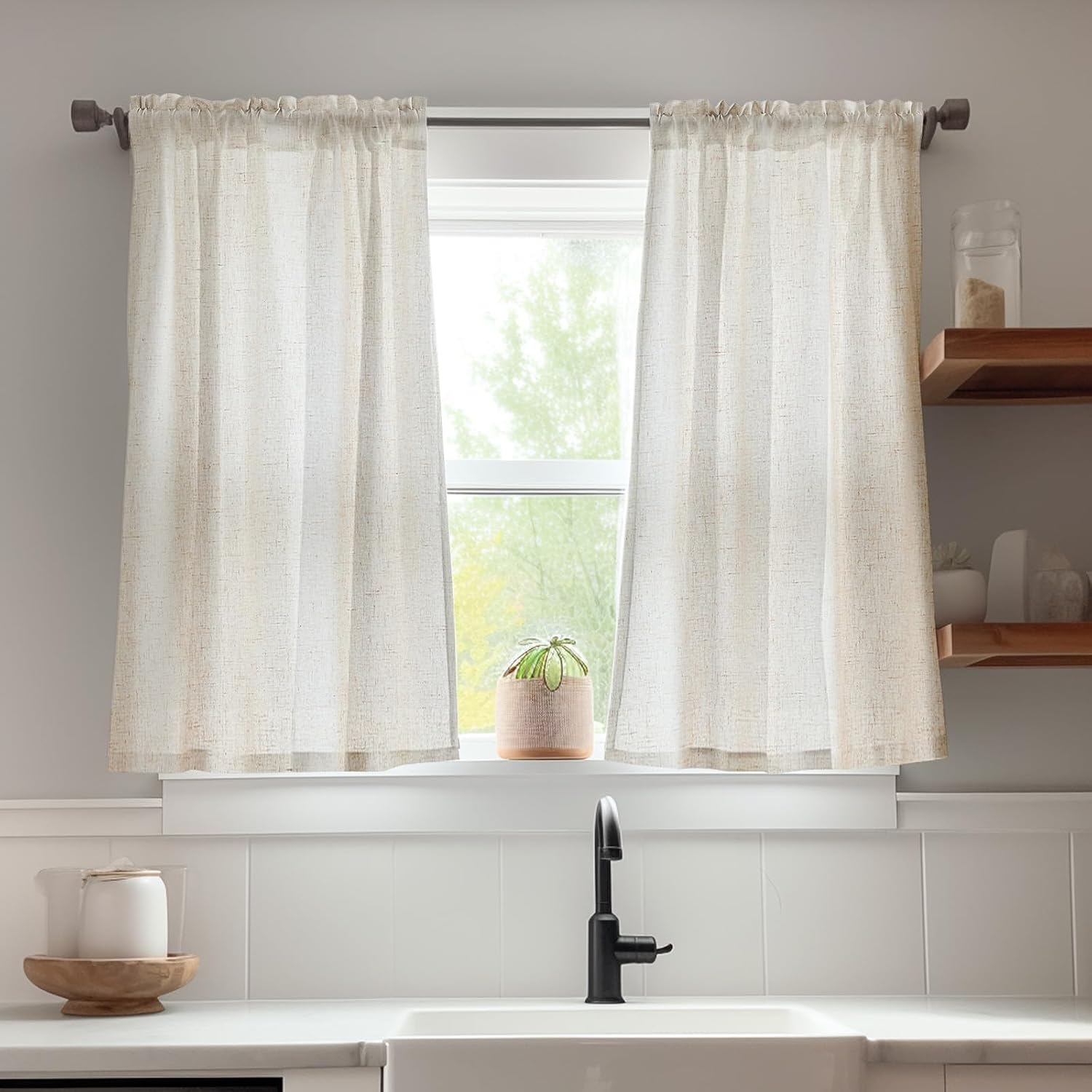 jinchan Beige Rustic Linen Rod Pocket Kitchen Curtains, 26x36, 2 Panels