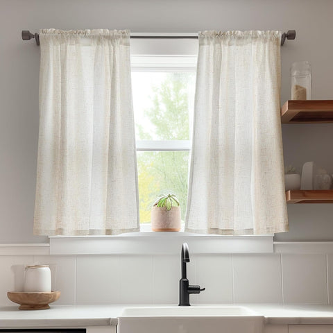jinchan Beige Rustic Linen Rod Pocket Kitchen Curtains, 26x36, 2 Panels