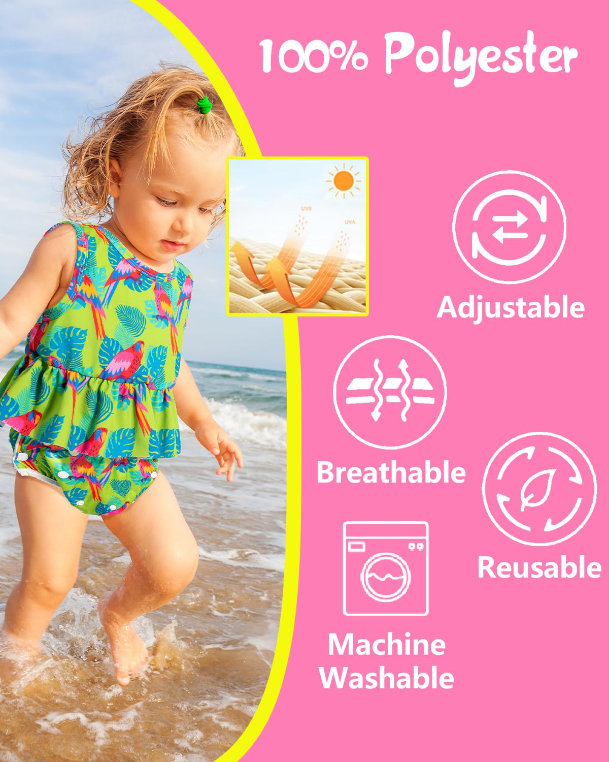 Babygoal Reusable Baby Girl Swim Diapers 3 Pack - Adjustable Washable for 0-8 Months Infants - Ideal for Swimming Lessons - Flower Design