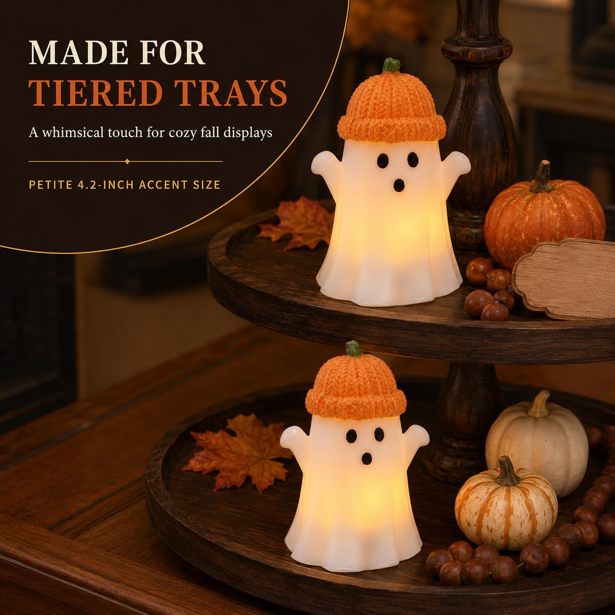 Enido Ghost with Pumpkin Hat Flameless Candles with Remote, Set of 2 Cute Real Wax LED Halloween Candles, Battery Operated Tea Lights, 2/4/6/8H Timer for Kids Room, Fall Tiered Tray Decor