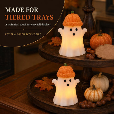 Enido Ghost with Pumpkin Hat Flameless Candles with Remote, Set of 2 Cute Real Wax LED Halloween Candles, Battery Operated Tea Lights, 2/4/6/8H Timer for Kids Room, Fall Tiered Tray Decor