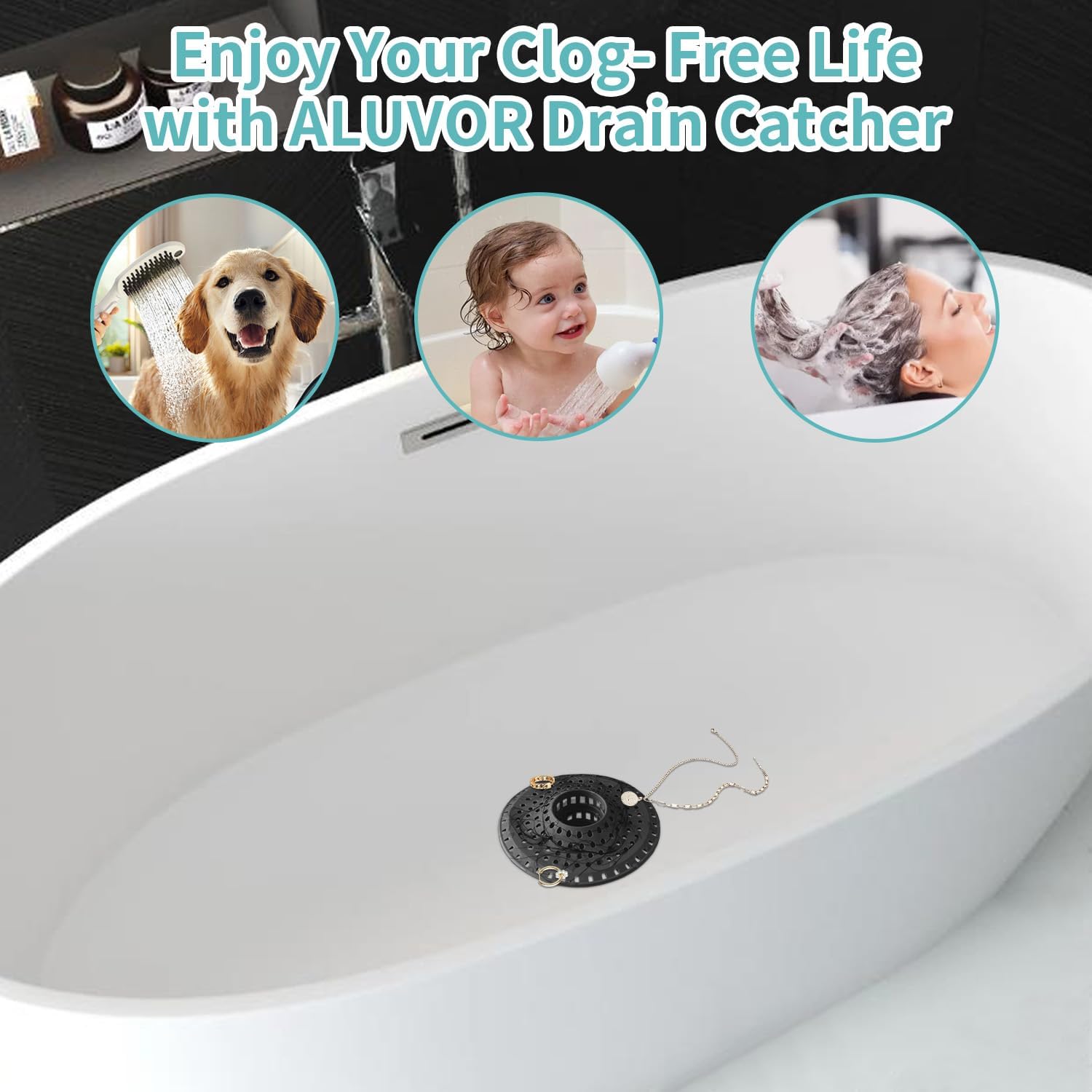 Aluvor Shower Hair Drain Catcher, Silicone Bathtub Drain Hair Catcher Strainer, All-in-one Tub Hair Catcher Drain Protector for 1.48'' to 1.76'' Regular Drains, 3PCS/Black