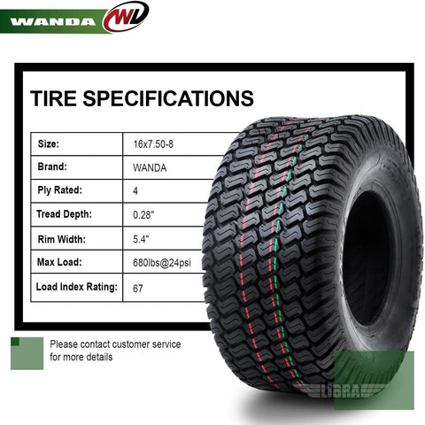 WANDA 16X7.5-8 Lawn Mower Tractor Cart Turf Tires 4 Ply 16x7.5x8 Set2-13020