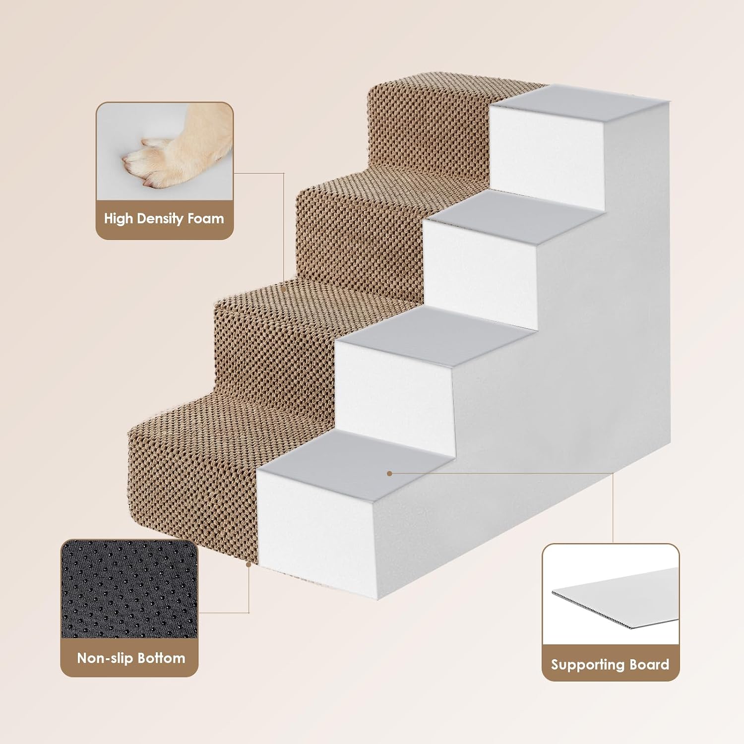 EHEYCIGA Dog Stairs for Bed 18" H, 4-Step Dog Steps for High Bed, Camel