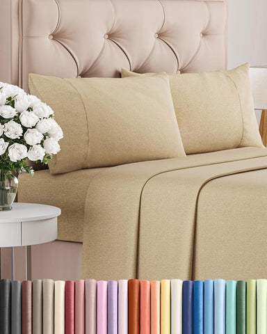 Queen Size 4 Piece Sheet Set - Breathable & Cooling Sheets - Heathered Tan