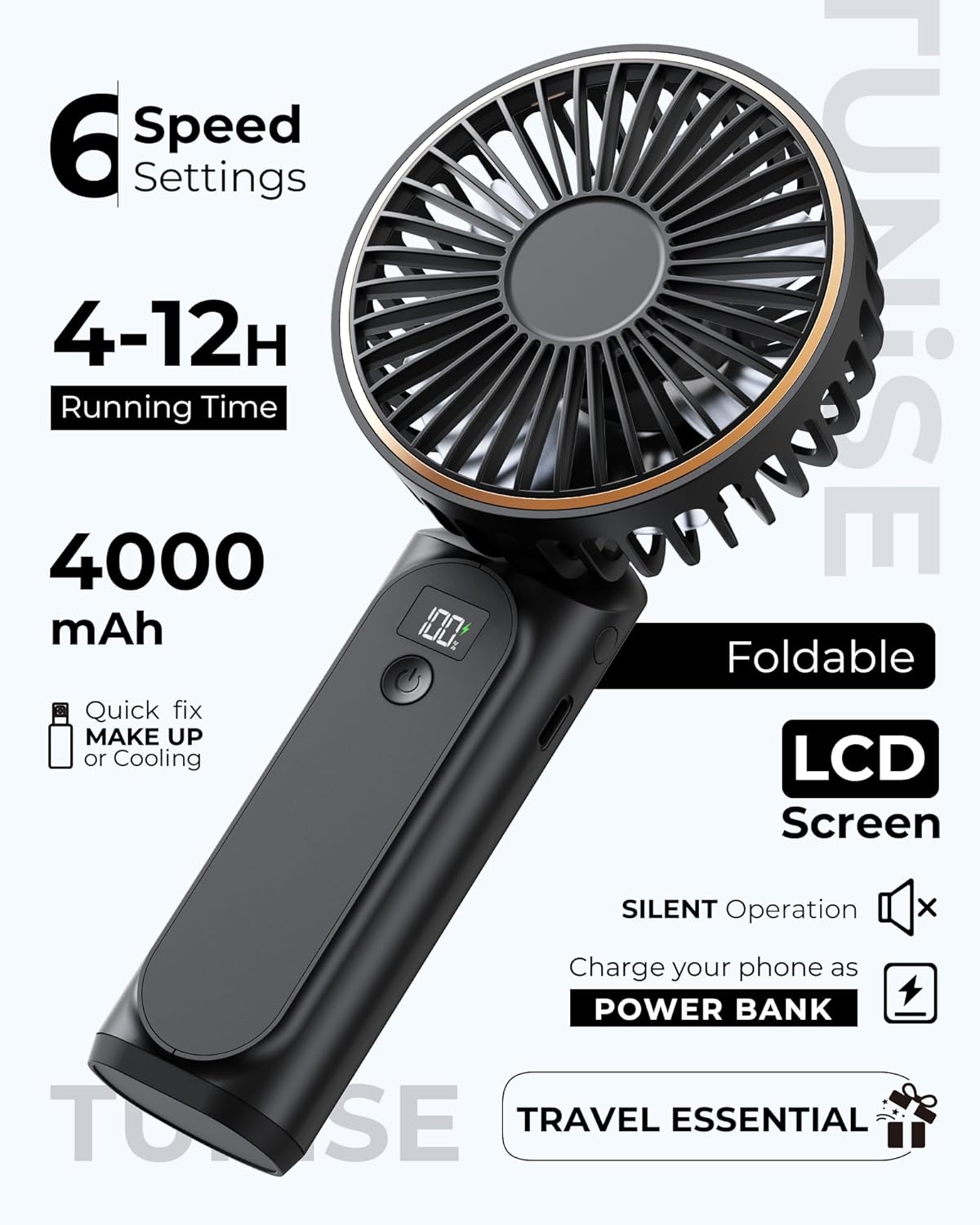 TUNISE Portable Handheld Fan, Portable Fan Rechargeable, 4000mAh, 180° Adjustable, 6 Speed Wind, Display Electricity in Real Time, USB Rechargeable Foldable F an, Quiet Personal Fan as Power Bank
