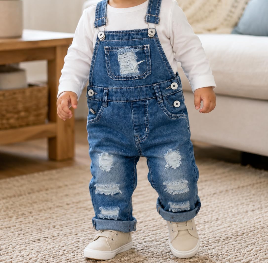 KIDSCOOL Toddler Baby Denim Overalls Ripped Distressed Jean Bib Romper