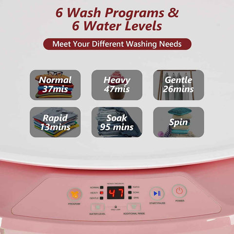 Giantex Portable Washing Machine, Full Automatic Washer and Spinner Combo 8lbs, 1.0 cu.ft 6 Programs 6 Water Levels Built-in Drain Pump, Top Load 2 in 1 Laundry Washer Apartment Dorm (Pink & White)