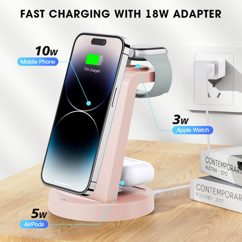 Anlmz 3 in 1 Charging Station for iPhone, Wireless Charger for iPhone 16 15 14 13 12 11 X Pro Max & Apple Watch - Charging Stand Dock for AirPods (Pink)