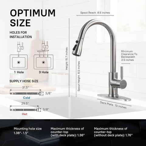 WEWE High-Arc Pull-Down Kitchen Faucet, Brushed Nickel, 3-Mode Sprayer