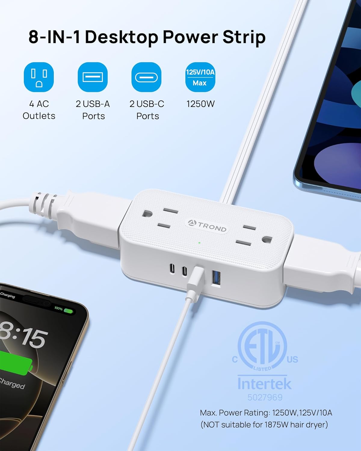 TROND 360° Rotating Flat Plug Power Strip 10ft, 4 Widely AC Outlets, White