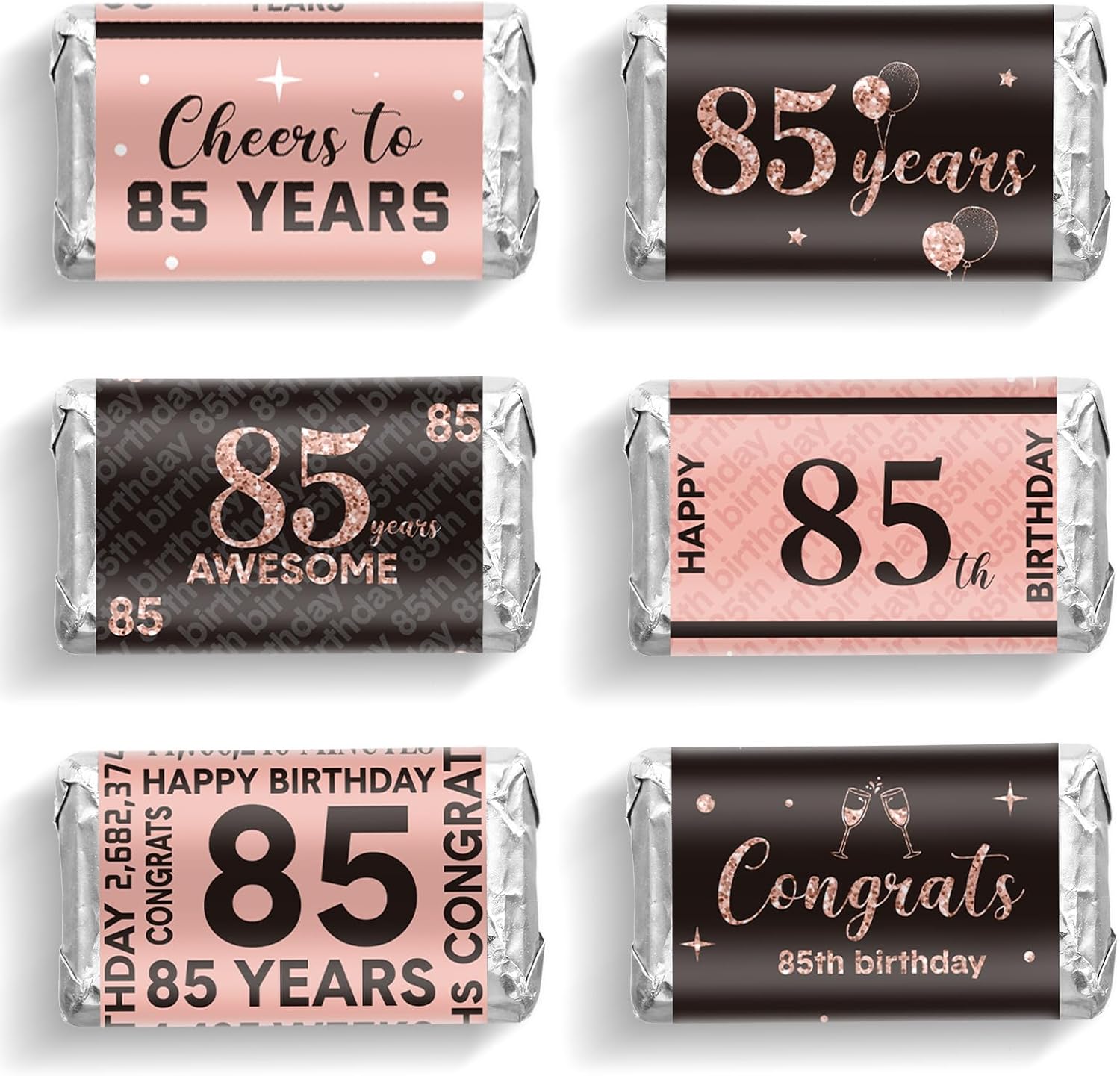 Tenare 90 Pcs 85th Birthday Candy Wrappers, Pink Stickers