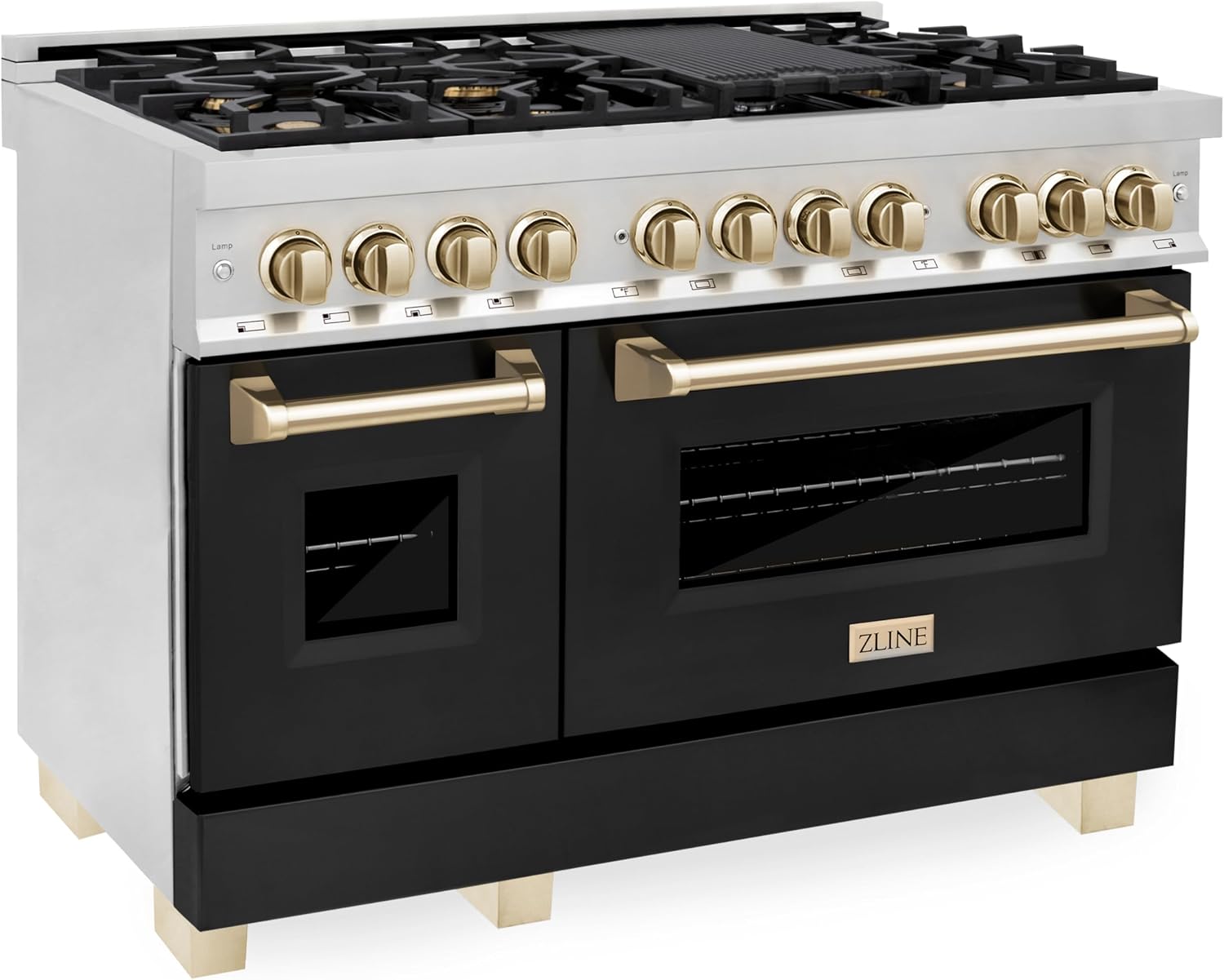 ZLINE Autograph Edition 48 in. 6.0 cu. ft. Legacy Dual Fuel Range with 7 Burner Gas Cooktop and 2 Electric Ovens in Stainless Steel with Black Matte Doors and Polished Gold Accents (RAZ-BLM-48-G)