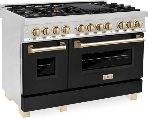 ZLINE Autograph Edition 48 in. 6.0 cu. ft. Legacy Dual Fuel Range with 7 Burner Gas Cooktop and 2 Electric Ovens in Stainless Steel with Black Matte Doors and Polished Gold Accents (RAZ-BLM-48-G)