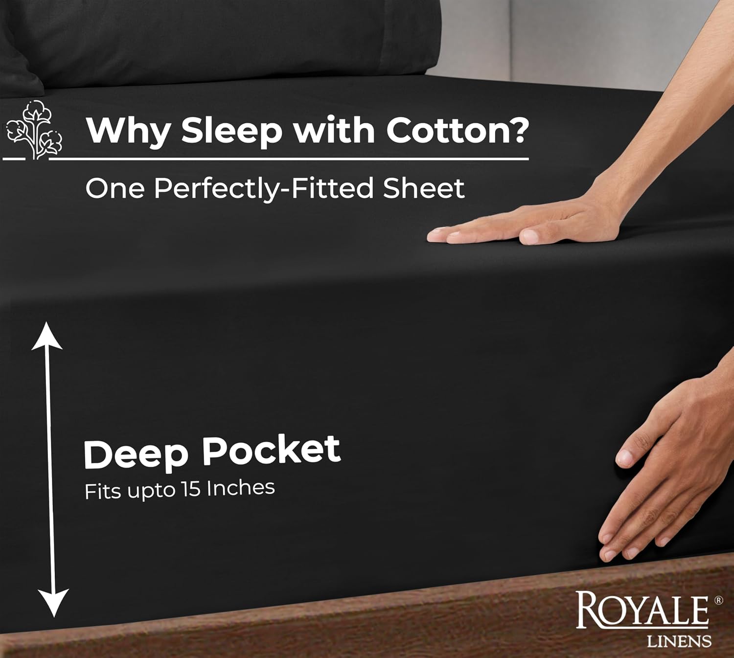 Royale Linens 100% Organic Cotton Fitted Sheet - Percale Weave - Super Soft Deep Pocket Bottom Sheets - Black Elastic Sheet Twin Size - Twin Fitted Sheets Only - (39"x75"+15", Black)