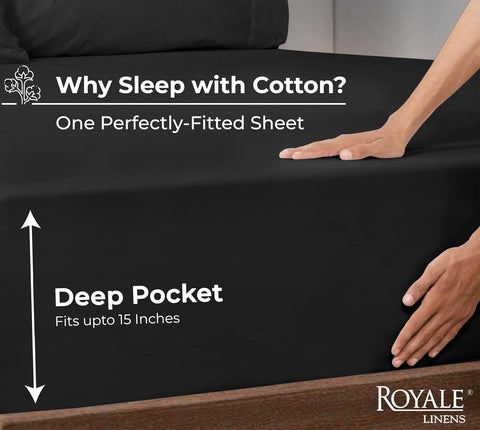 Royale Linens 100% Organic Cotton Fitted Sheet - Percale Weave - Super Soft Deep Pocket Bottom Sheets - Black Elastic Sheet Twin Size - Twin Fitted Sheets Only - (39"x75"+15", Black)