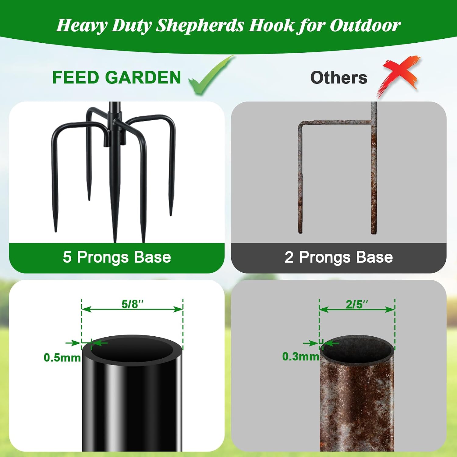 FEED GARDEN Short Shepherds Hooks for Outdoor, 48 Inch Bird Feeder Pole with 5 Prongs Base, Heavy Duty Shepherds Hook Garden Hook for Hummingbird Feeder, Hanging Lantern, Plant Baskets,1 Pack