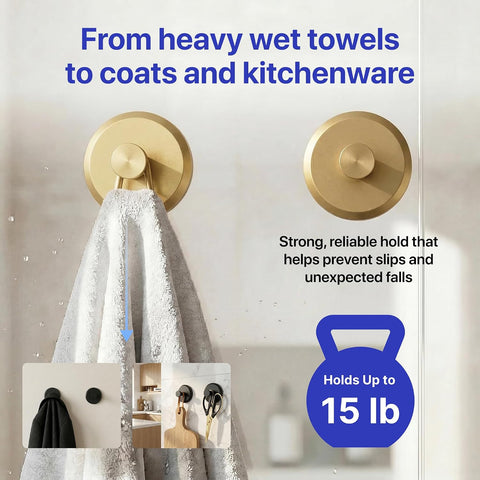 HOME SO Suction Cup Hooks for Shower & Bathroom Towel Holder 4-Pack Gold