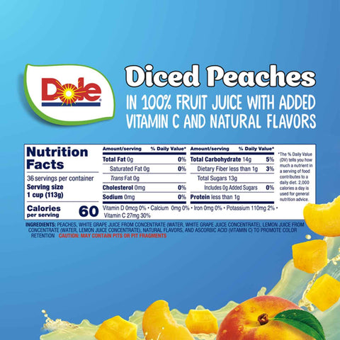 Dole Fruit Bowls Diced Peaches in 100% Juice Snacks, 4oz 36 Total Cups, Gluten & Dairy Free, Bulk Lunch Snacks for Kids & Adults | In 100% Juice Snacks, Gluten & Dairy Free, Bulk Lunch Snacks for Kids & Adults