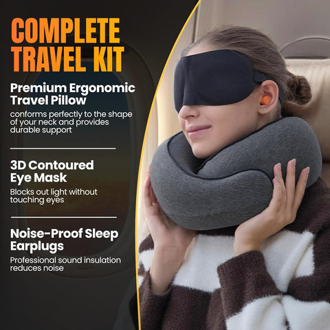LOEXAIR™ Travel Pillow, Neck Pillow Travel for Airplane, Car - 100% Cotton Fabric & Memory Foam Plane Pillow, Lightweight & Easy-to-Carry on Flight, Full Travel Set (Eye Mask, Earplugs) - Dark Grey