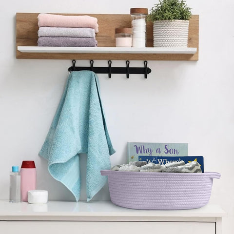 MEGASKET Purple Small Woven Basket, 13” x 9” x 5” Baskets for Gifts Empty, Cotton Rope Gift Basket, Cute Nursery Baby Organizer, Cat Dog Toy Box, Oval Wicker Storage Bin with Handle